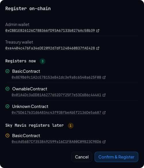 Activation review dialog showing the wallets summary, the Registers now list, the Sky Mavis registers later list, and the Confirm & Register button