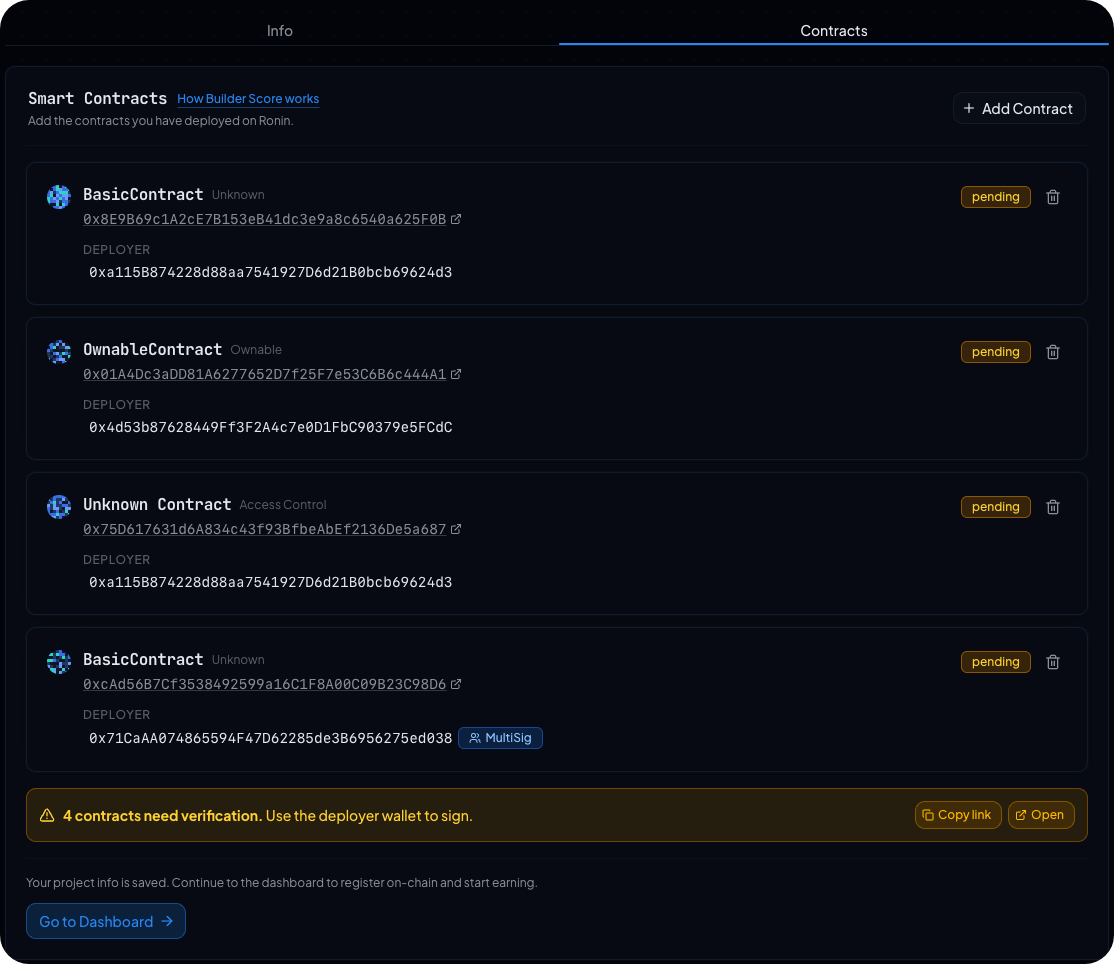 Contracts tab during onboarding listing four added contracts of mixed types, all pending verification, with a share-link banner at the bottom