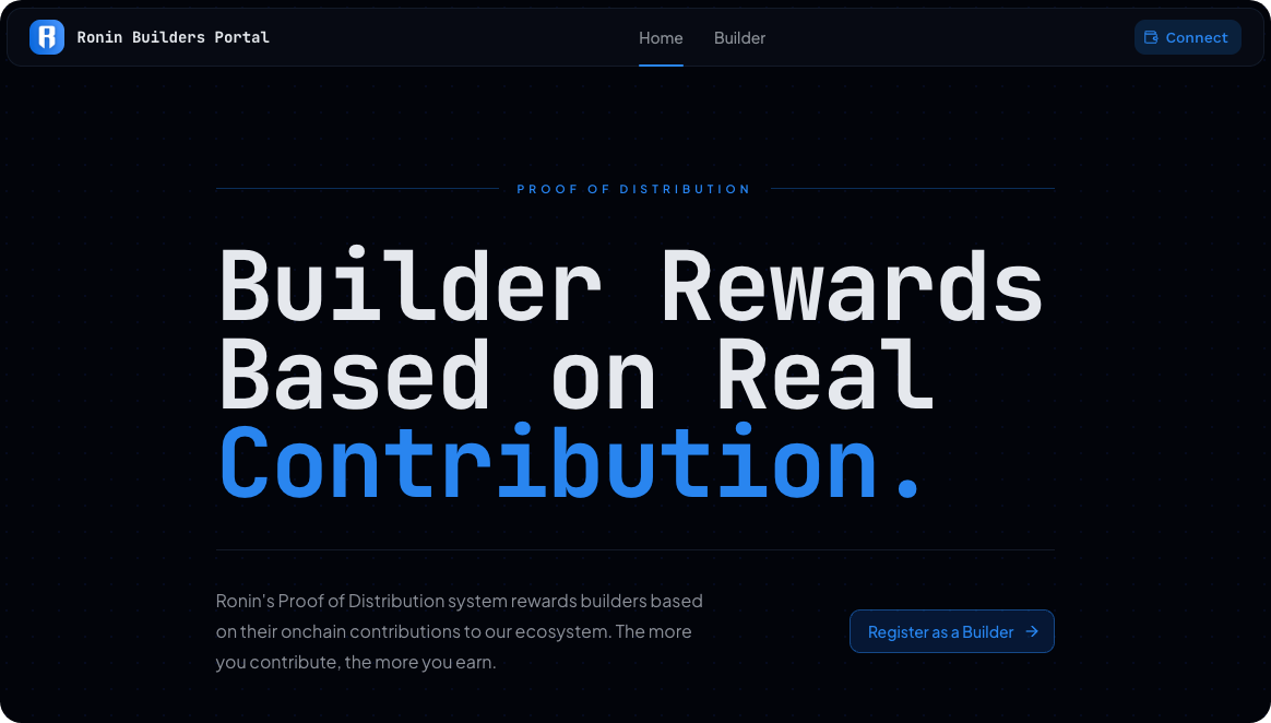 Builders Portal landing page at pod.roninchain.com