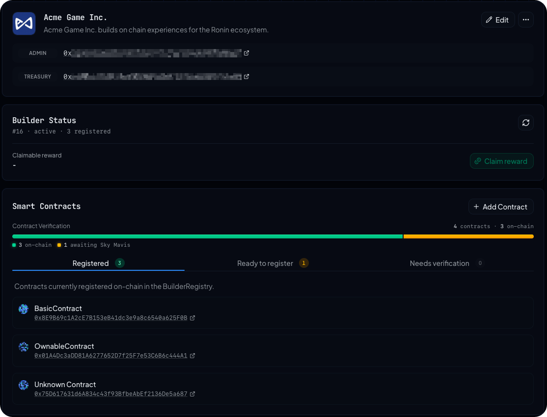 Post-activation dashboard with the Builder Status panel and three contract tabs (Registered, Ready to register, Needs verification)