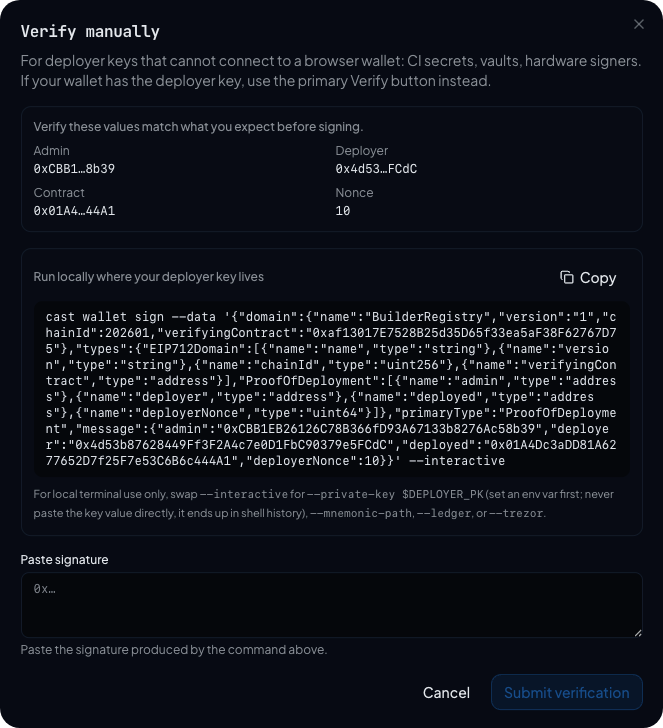 Manual verify dialog with a cast wallet sign command at the top and a signature input below