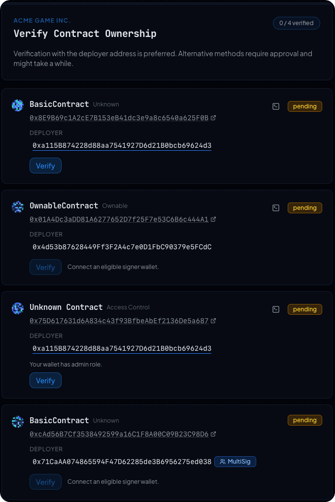 Verify page listing pending contracts, with deployer address, Alternative Methods, Verify and Verify manually actions, and a status badge per card